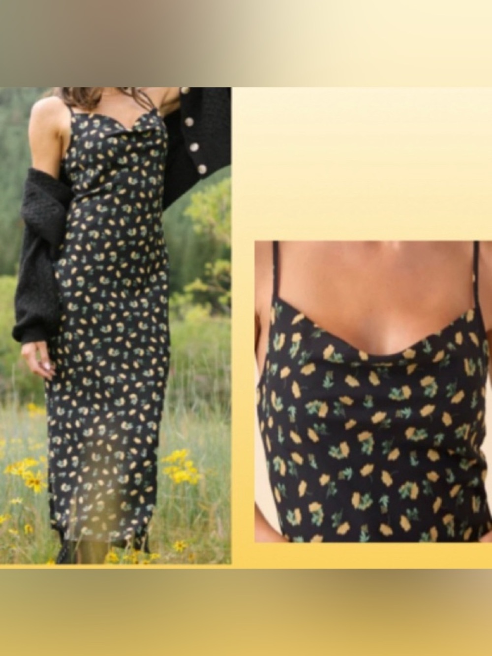 Black and Yellow Delicate Floral Slip Dress: Size Large